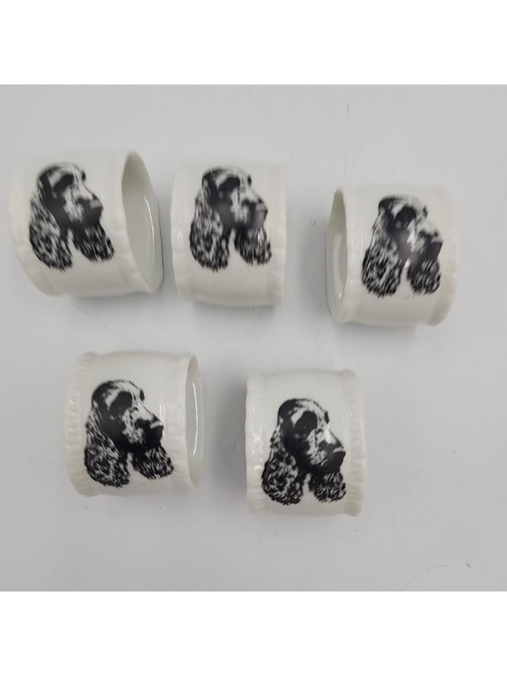 Vintage Porcelain Cocker Spaniel Napkin Ring Holders White Black Set Of 5